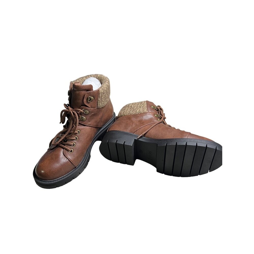 SZ 8.5 Ladies Brown Ankle Boots With Knit Trim Rugged Sole